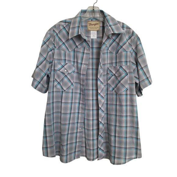Men's Wrangler Western Fashion Pearl Snap Shirt Turquoise Plaid Short Sleeve - Picture 5 of 10